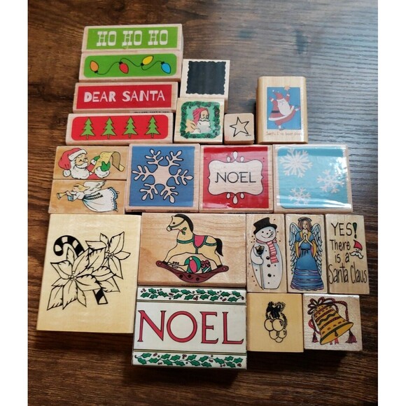 Wood Mounted Rubber Stamp Lot Christmas Card Making Paper Craft 21 Assorted - Picture 1 of 12